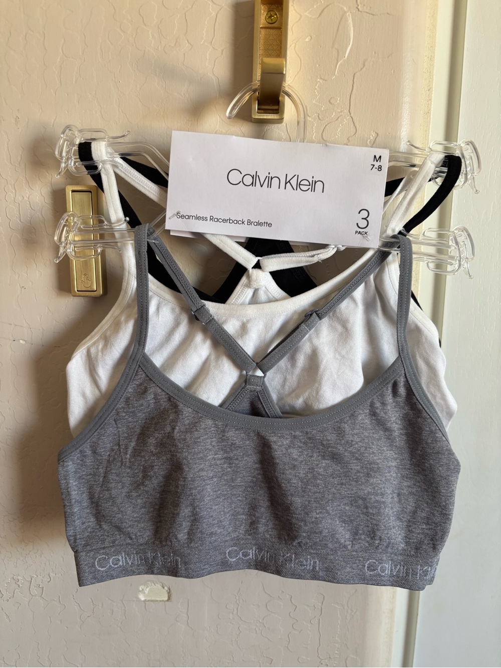 NWT Calvin Klein 3-Pack Seamless Racerback Bralettes, Gray, White, Black, Size M